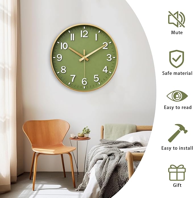 HZDHCLH Wall Clocks Battery Operated,Wall Clock Green Gold,10 inch Wall Clock Silent Non Ticking Modern 3D Numbers for Kitchen Bedroom Living Room Office Classroom Decor