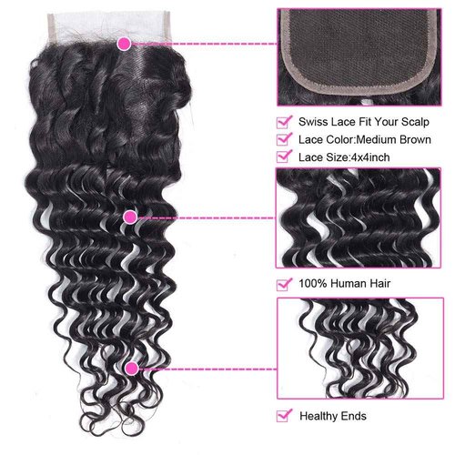 Deep Wave 10A Human Hair Bundles with Closure(16 18 20+14) Brazilian Deep Weave Curly Human Hair 3 Bundles with 4x4 Lace Closure 100% Unprocessed Virgin Human Hair Bundle Natural Color