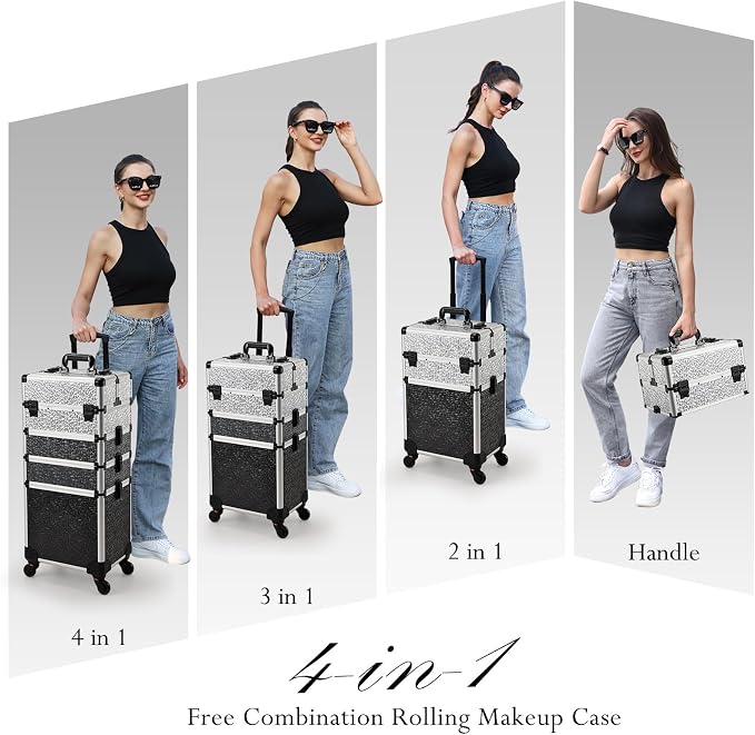 Stagiant Rolling Makeup Train Case Cosmetology Case on Wheels 4 in 1 Large Cosmetic Case with Wheels Makeup Travel Case with Keys Nail Kits Organizer Artist Salon Storage Traveling Cart Trunk Tricolor