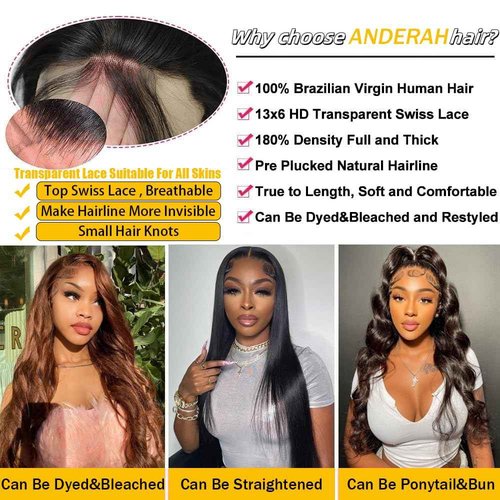 Anderah 24 Inch 13x6 Body Wave Lace Front Wigs Human Hair 13x6 HD Lace Glueless Human Hair Wig Pre Plucked Natural Hairline Brazilian Human Virgin Hair Long Black Body Wave Wig for Women 180% Density