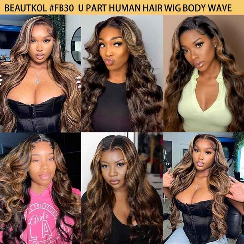 beautkol U Part Human Hair Wig Body Wave Highlight #1b/30 Ombre Brown Wig 180% Density U Part Wig Half Brazilian Virgin 100% Human Hair Wigs For Black Women Clip In Glueless No Leave Out Wig 20Inch