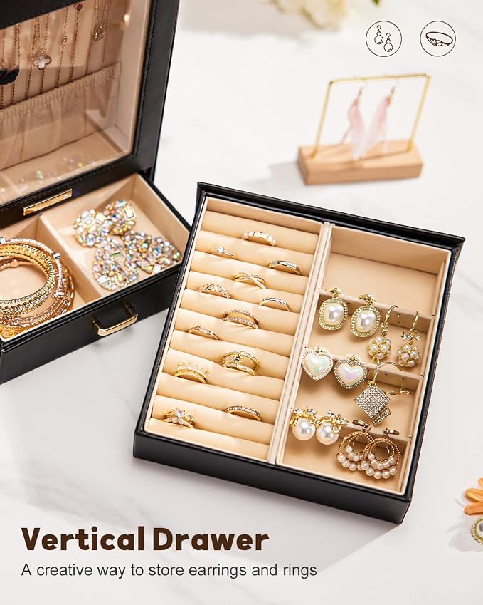 Homde Mothers Day Gifts Jewelry Organizer Box for Women Girls Necklaces Rings Earrings Bracelets Storage Case (Black + Gold)