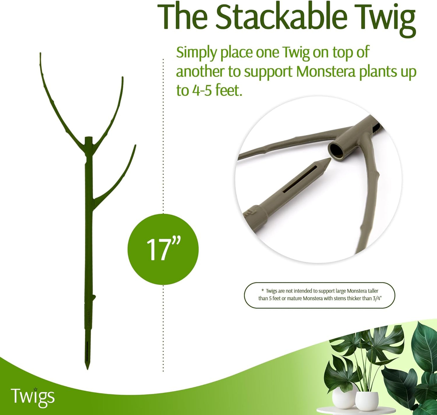 Stackable Monstera Plant Support Stakes, Climbing Plants Support Structures for Indoor & Outdoor Use, Garden Accessories, Alternative to Moss Pole - Monstera Green, 5 Pack, 17" L
