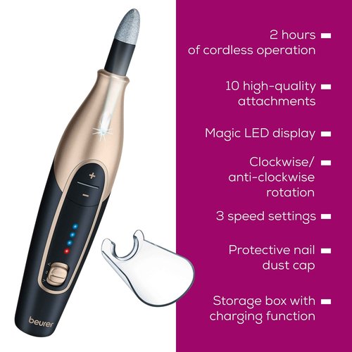 Beurer MP84BLK Nail Pro Deluxe - 14-Piece Professional Manicure & Pedicure Nail Drill Kit, Cordless, Rechargeable Electric Nail File with Attachments, LED Light, USB-c Charging & Storage Case