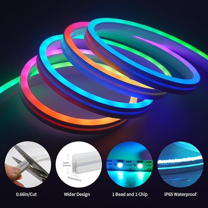 LED Neon Rope Light, 9.84FT RGB LED Strip Light APP Control, Button Control, 5V Music Sync Color Changing Rope Light, IP65 Waterproof LED Light for Bedroom Gaming, Halloween Party Decor
