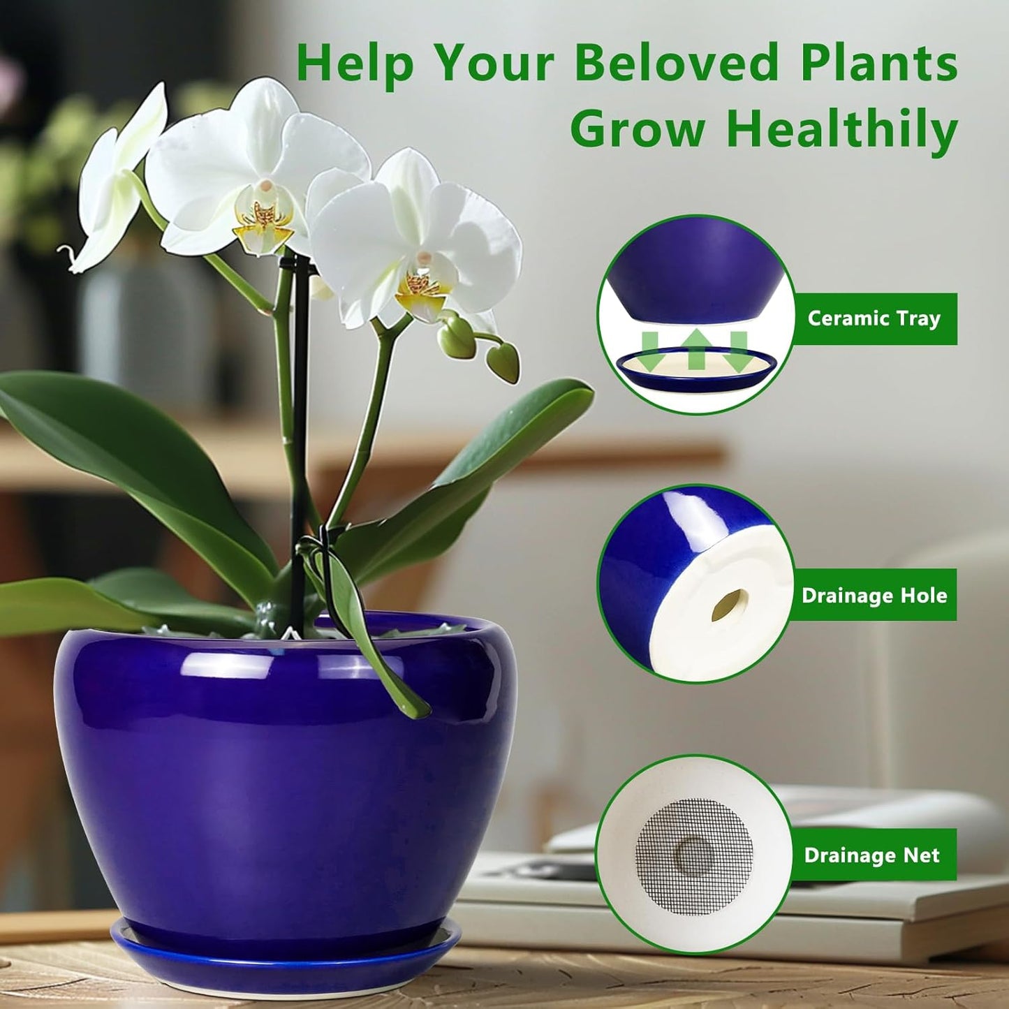 Ceramic Planter 10 Inch - Indoor Plant Pot for Plants with Drainage Hole and Saucer Large Planter Round Outdoor Flower Pot Mid-Century for House Patio Decor Blue