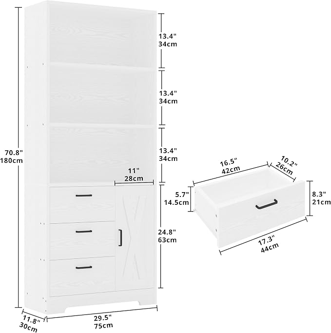 IRONCK Bookshelf with Doors and 3 Drawers, 71in Tall Bookcase with 3-Tier Shelves, for Living Room Entrance Hallway Home Office