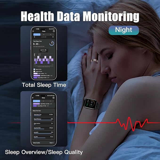 Smart Ring Health Tracker for Women Men, Sleep Tracker with Heart Rate and Blood Oxygen, Fitness Ring for Activity Monitoring, 15 Days Battery, No Subscription, Titanium Alloy(Black, #8)
