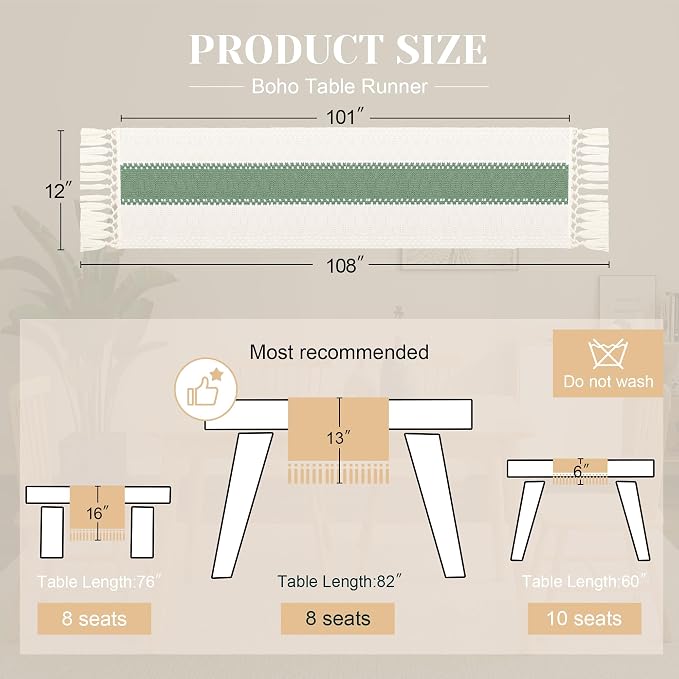 FEXIA Boho Table Runner for Home Decor with Tassels 108 Inches Long,Sage Green Farmhouse Rustic Table Runner Macrame Burlap Table Decoration for Living Room Bridal Shower(12x108 Inches)