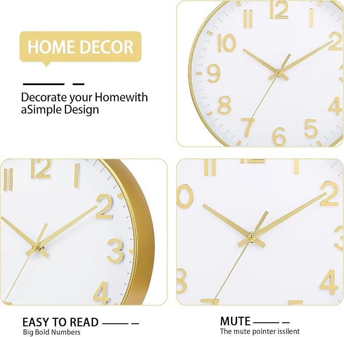 HZDHCLH Wall Clocks Battery Operated,Wall Clock White Gold,8 inch Wall Clock Silent Non Ticking Modern 3D Numbers for Office Kitchen Classroom Bedroom Living Room Decor