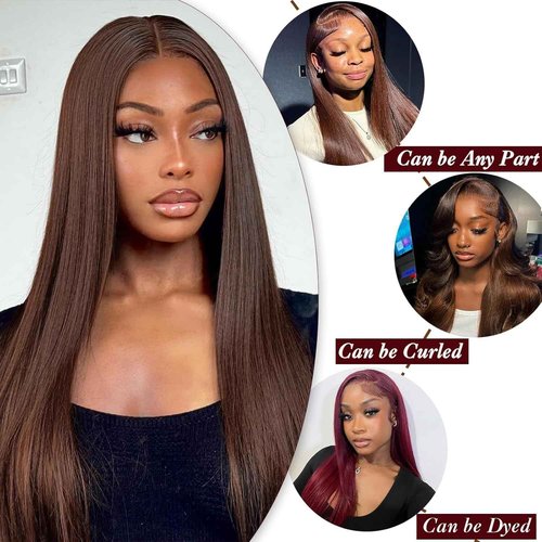 Brown Human Hair Bundles with Closure(12 14 16 with 12 Free) Straight Human Hair 3 Bundles with 4x4 Lace Closure Double Machin Weft Straight Chocolate Brown Human hair