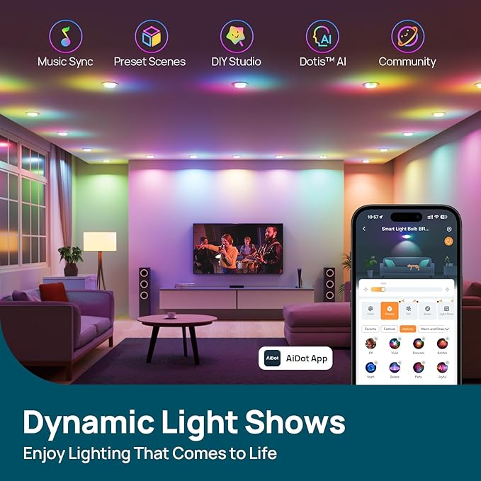 Linkind Matter BR30 Smart Light Bulbs with Stretchable Design & 4-Zone Aurascape Color, 850LM Recessed Smart Flood Light Bulb, Works with Alexa/Apple Home/Google Home, Music Sync Light Show, 1 Pack