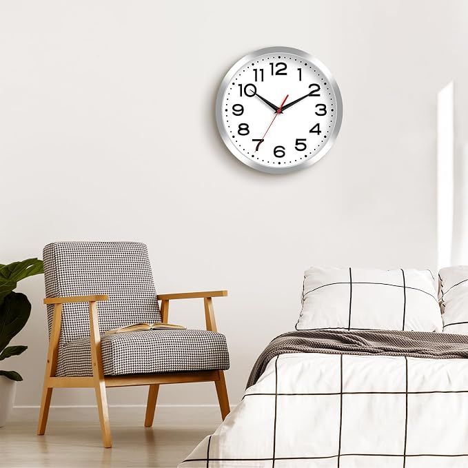 Roymnie Wall Clock Silent Non-Ticking Modern Clock Battery Operated 10 Inch Small Classic Analog Decorative for Kitchen, Bathroom, Office, Bedroom, Home(Silver)