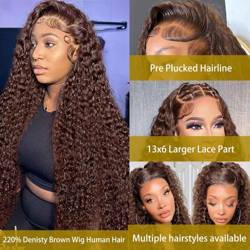 BIANFA 13x6 Deep Wave Lace Front Wigs Human Hair Chocolate Brown 220 Density HD Lace Front Wigs Human Hair Curly Wig Pre Plucked Human Hair Glueless Frontal Wigs (18inch)