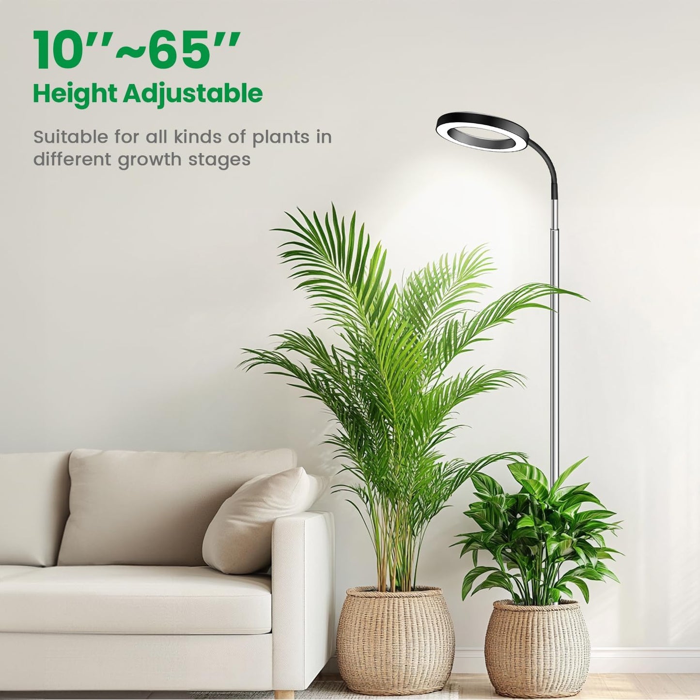Garpsen Plant Light, Full Spectrum Grow Light with Gooseneck, 3 Colors Modes and 5 Dimmable Levels, 6/12/16H Timer, 65'' Height Adjustable Grow Lamp for Large Plants(3Pack)