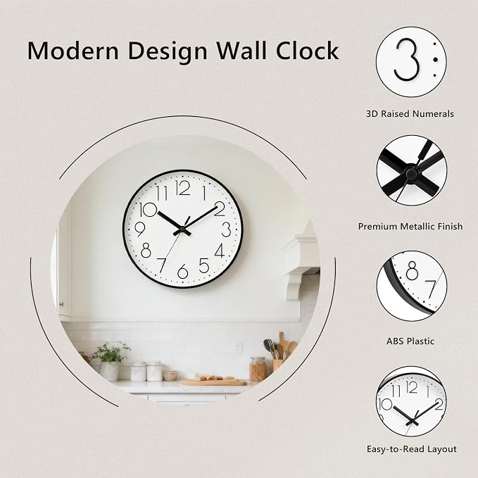 DAXSMY Wall Clock - 10 Inch Silent Non-Ticking Modern 3D Wall Clocks Battery Operated - Decorative Clock for Kitchen, Home Office, Bathroom, Bedroom(White)