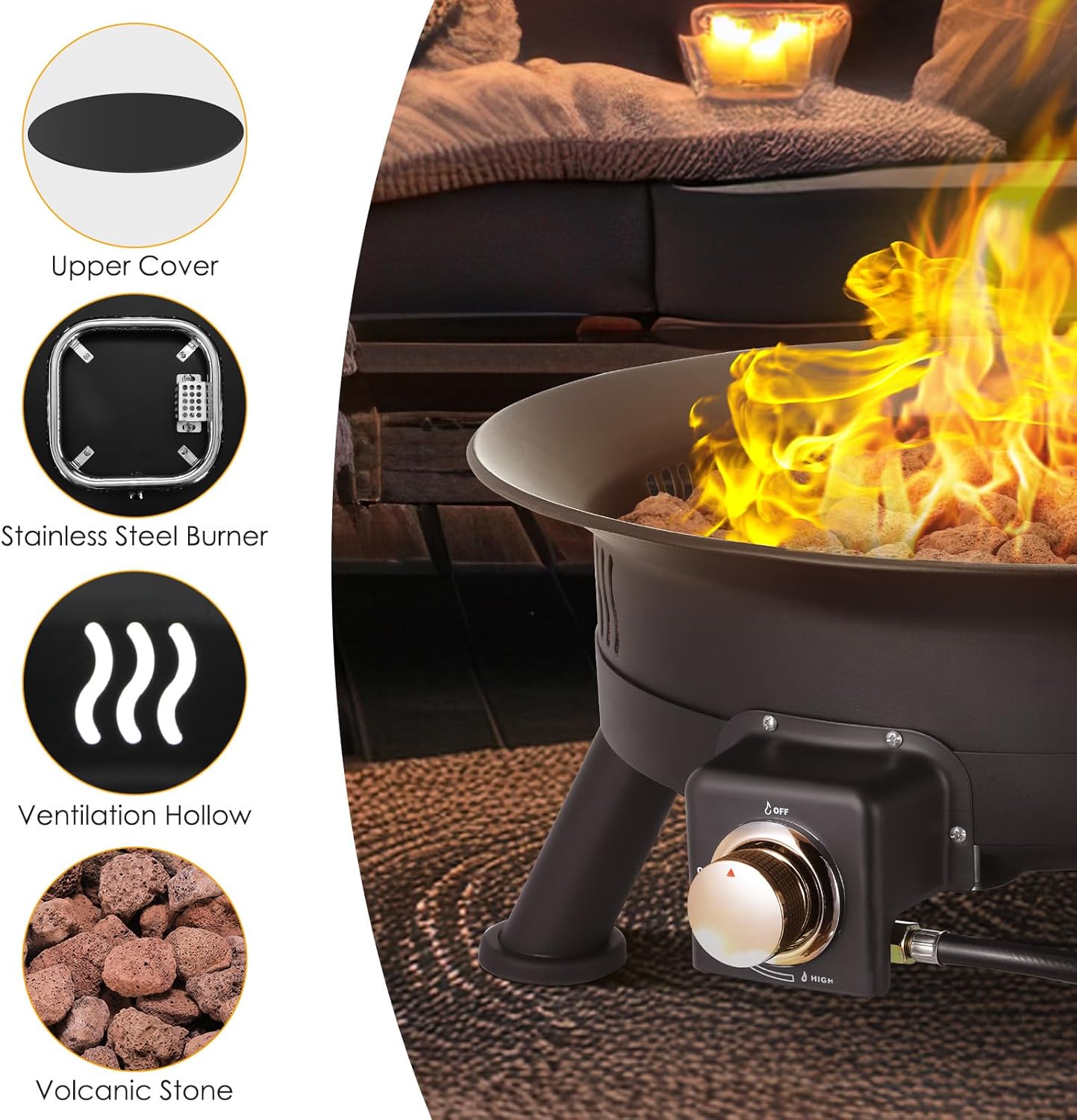 TLSUNNY 24'' Propane Fire Pit，58,000 BTU Portable Smokeless Firebowl with Self Igniter,Cover，Lava Rocks，Gas Cylinder Holder for Camping，Outdoor Living，Patio，Backyard,Tailgating,Garden，Deck,RV