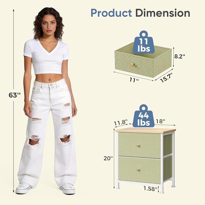 DUMOS Nightstand Small Dresser with 2 Fabric Drawers Side Tables Bedroom End Table Kids Bedside Storage Furniture for 20 inch Tall Night Stand for Closet, Entryway, College Dorm, Light Green 2Pack