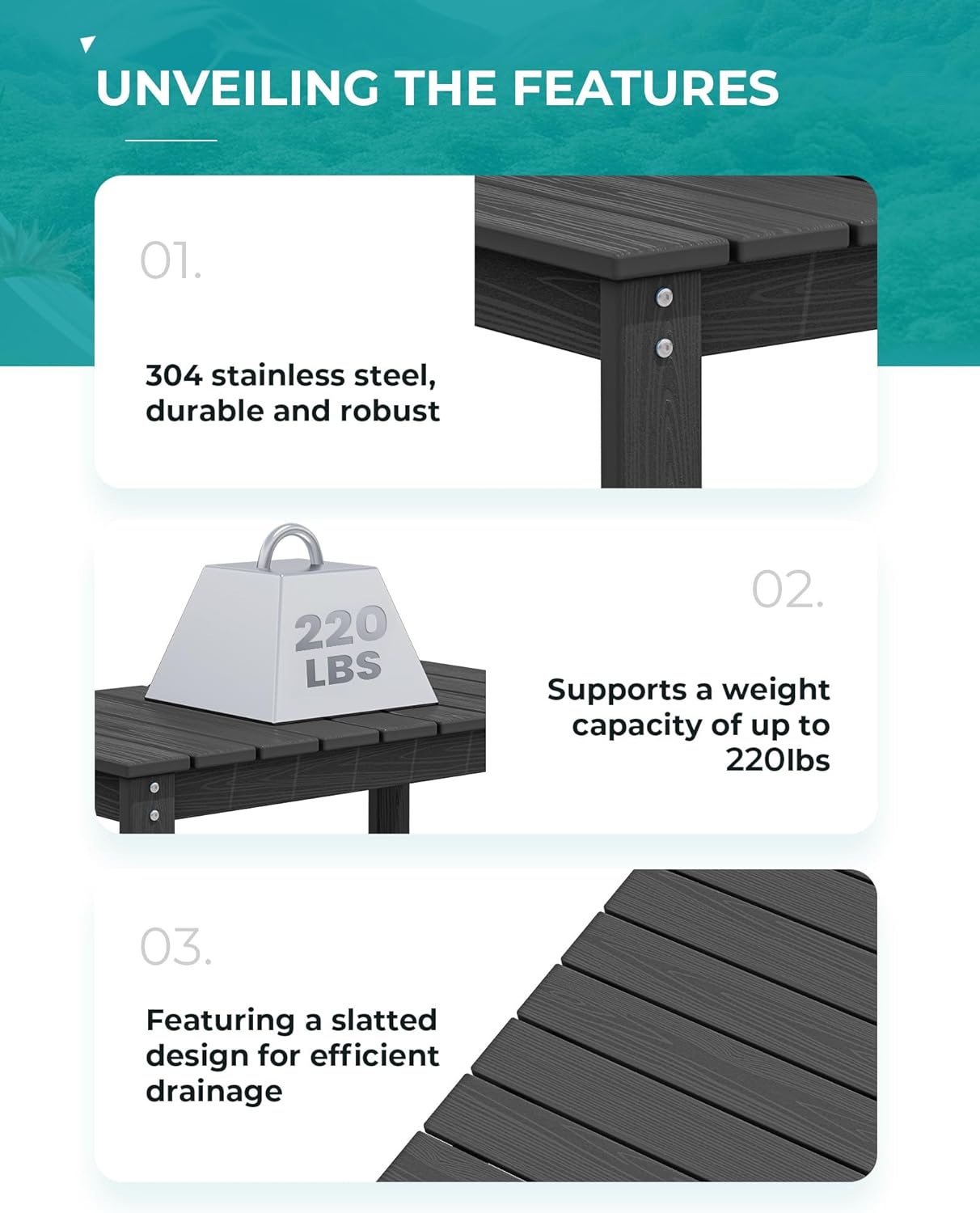 SERWALL Patio Coffee Table, HDPE Rectangle Outdoor Coffee Table Set of 2, Black