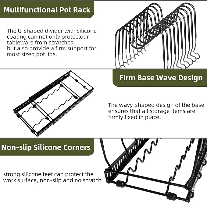 ROOHUA Pot Rack -Expandable Pan Organizer for Cabinet, Lid Holder with 10 Adjustable Compartment for Kitchen Cabinet Cookware Baking Frying Rack