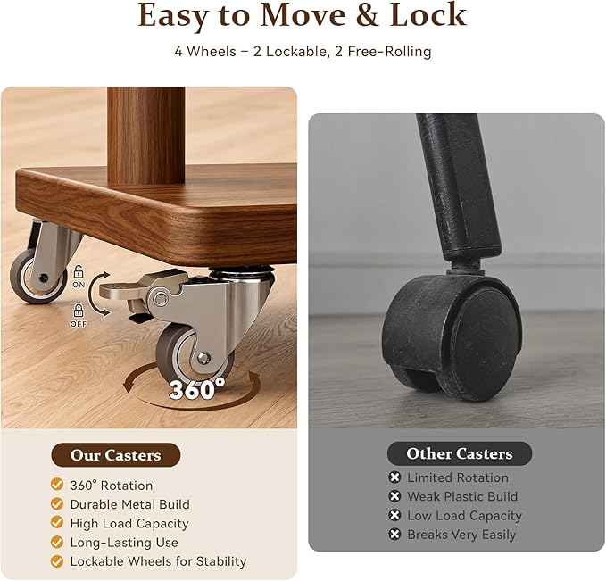 Taitiy Coat Rack Freestanding Clothing Rack with Wheels & 2 Shelves Storage & 5 Hooks Heavy Duty Clothes Rack Wood Coat Tree Stand Hat Hanger Rack for Corner Bedroom Entryway Living Room Hotel Size L