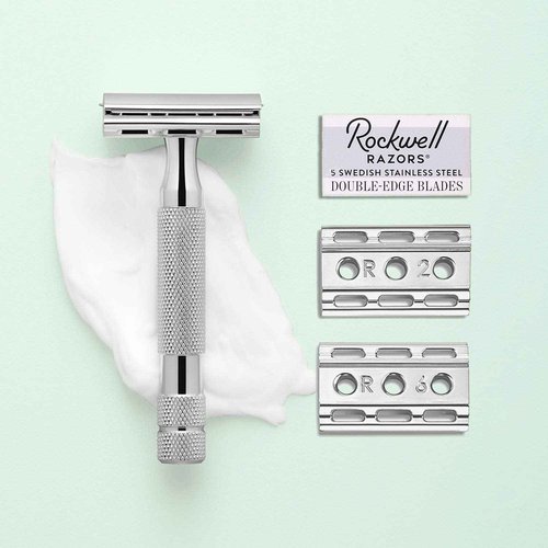Rockwell 6C Razor & Stand Kit, White Chrome. Includes 6C Razor with 6 Adjustable Shave Settings and Matching Inkwell Stand
