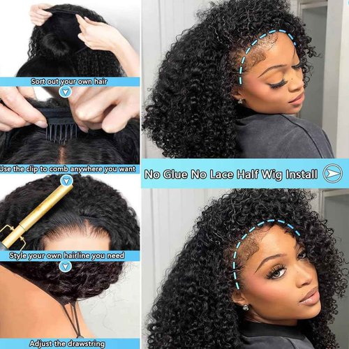 Curly Half Wig 200% Density Kinky Curly Half Wig 3 In 1 Seamless Flip Over Glueless Wigs with Drawstring Beginner Friendly Curly Wig Headband Wig for Women Daily Wear