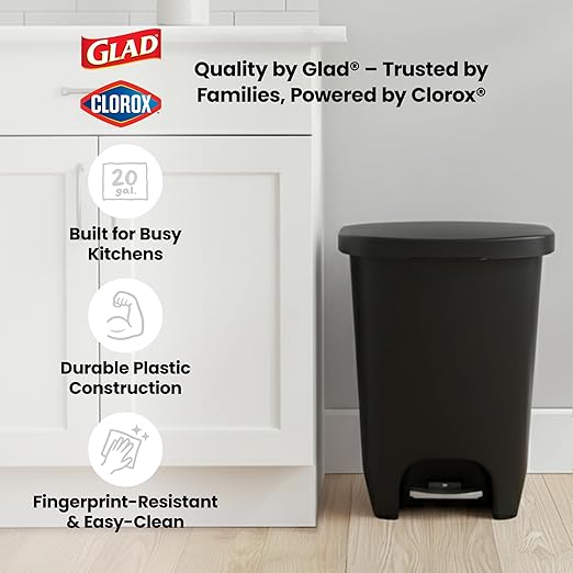 Glad 13 Gallon Trash Can with Clorox Odor Protection, 2 Pack | Plastic Kitchen Waste Bin | Hands Free with Step On Foot Pedal and Garbage Bag Rings, Black