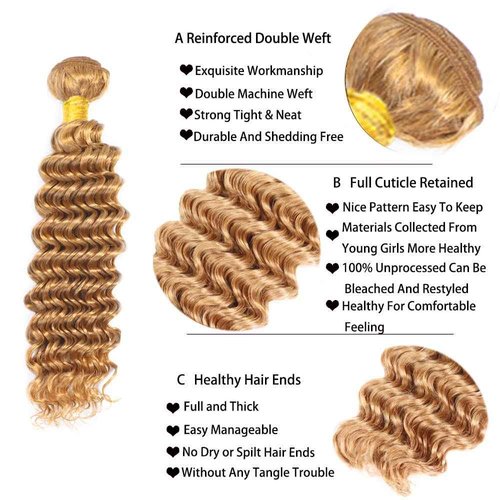 Blonde Bundles Human Hair Deep Wave Bundles 34 34 34 Inch Unprocessed Brazilian Virgin Remy Hair 3 Bundle #27 Honey Blonde Deep Wave Human Hair Extensions For Women 50 Gram Per Bundle
