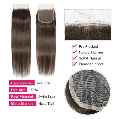 Brown Human Hair Bundles with Closure(12 14 16 with 12 Free) Straight Human Hair 3 Bundles with 4x4 Lace Closure Double Machin Weft Straight Chocolate Brown Human hair