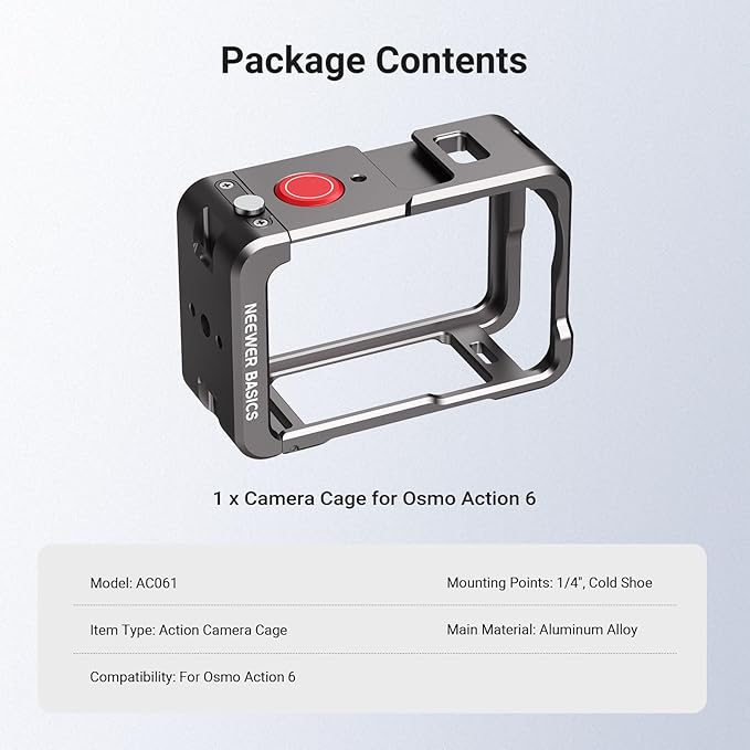 NEEWER Basics Action Camera Cage Compatible with DJI Osmo Action 6 Accessories, Aluminum Alloy Protective Expansion Frame Case with 1/4" Screw Adapter & Cold Shoe Mount for Tripod Selfie Stick, AC061