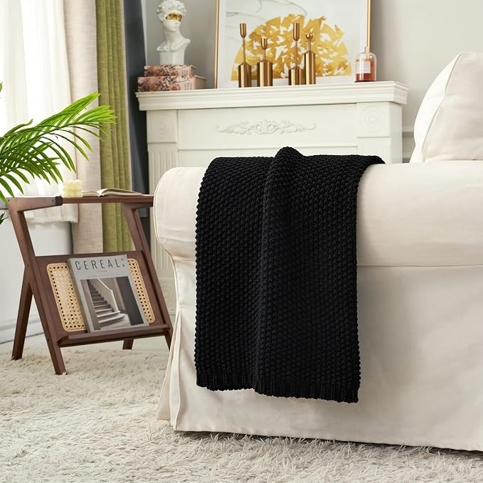 Longhui bedding Chunky Cable Knit Throw Blanket Lightweight Black 100% Organic Cotton Blanket for Sofa Couch Bed Baby Nursery, Rustic Shabby Chic Modern Farmhouse, 51” x 63” Give Laundering Bag