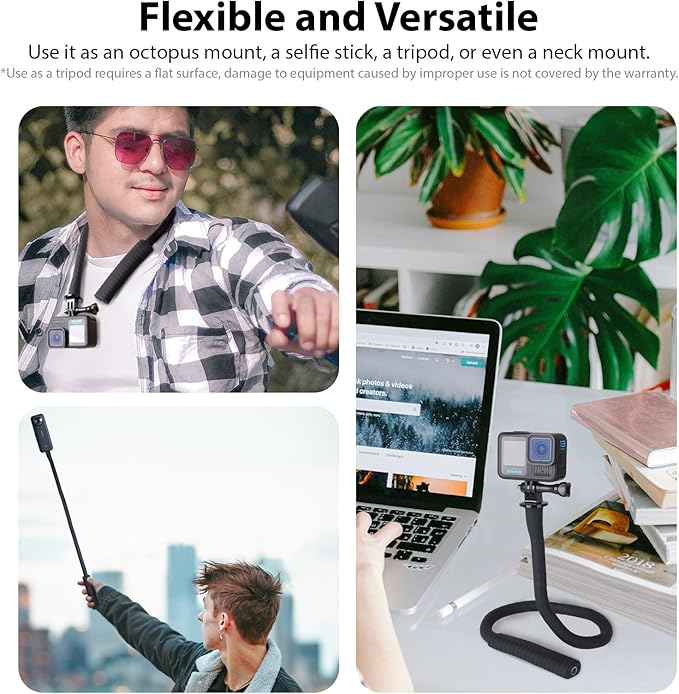 HSU Camera Flexible Mount Clamp Stick Pole for Insta360 GoPro, Neck Holder Selfie Stick Extension Pole, Camera Tripod Stand for GoPro Hero 13 12 11 10 9, Insta360 X5 X4 X3, DJI Action Camera