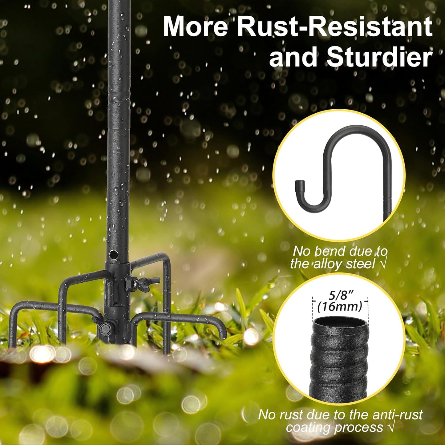 Decorative Shepherd Hooks for Garden, 94 Inch Weather-Resistant Steel – 5 Fork Base Design for Hanging Flower Baskets, Wind Chimes, String Lights – Elegant Scroll Top – Black