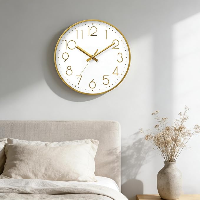 DAXSMY Wall Clock - 10 Inch Silent Non-Ticking Modern 3D Wall Clocks Battery Operated - Decorative Clock for Kitchen, Home Office, Bathroom, Bedroom(Gold)