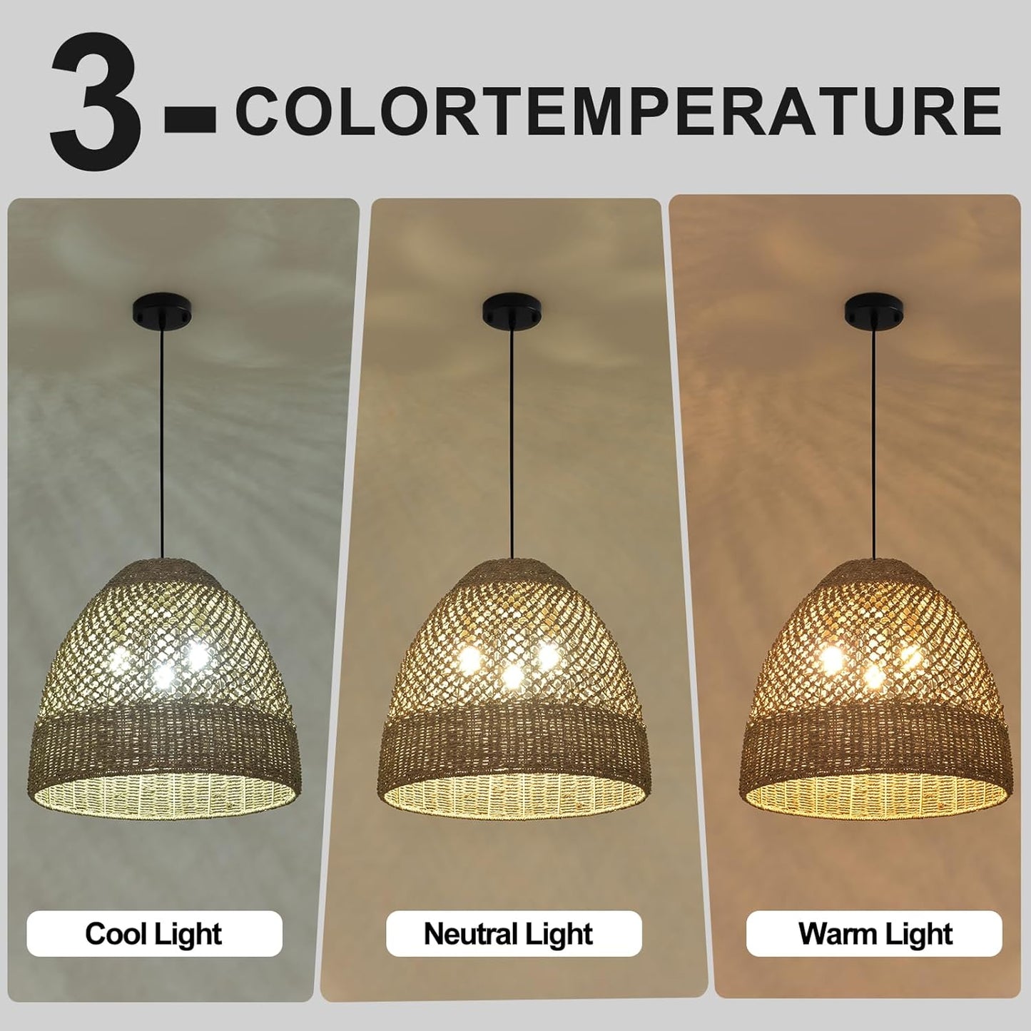 18.9" Rattan Chandelier, Coastal Large Pendant Light,Boho 3-Light Wicker Hand-Woven Seagrass Pendant Lighting Ceiling Hanging,for Kitchen Islands, Dining Rooms, and Farmhouses.