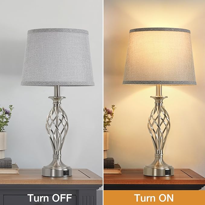 Nightstand Table Lamps for Bedrooms Set of 2 with USB C+A, Bedside Lamps with Spiral Cage Base, Tall Living Room Lamps for End Tables, Modern Night Stand Lamps for Bed Side Guest Room Bulbs Included