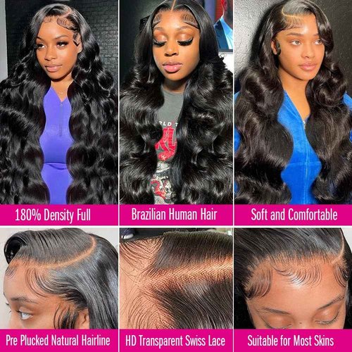 Tiwugi 28 Inch Body Wave Lace Front Wigs Human Hair 13x4 HD Lace Front Wigs Human Hair Pre Plucked Body Wave Glueless Frontal Wigs Human Hair 180% Density for Women
