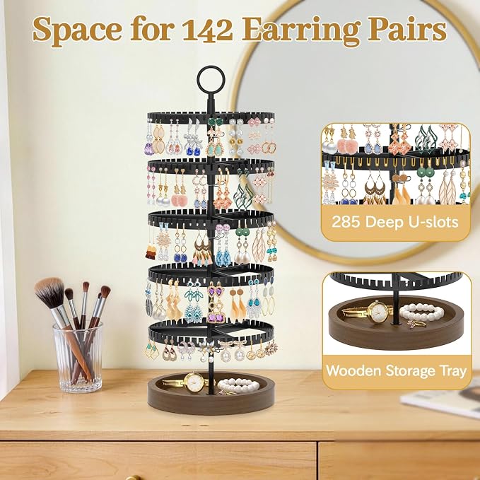 MODOWEY 5 Tier Rotating Earring Holder Organizer Display Tree with Wooden Tray, Adjustable Plastic Stand with 285 Slots for Stud Hoop Hanger, Large Capacity Storage Rack for Women Space Saving, Black