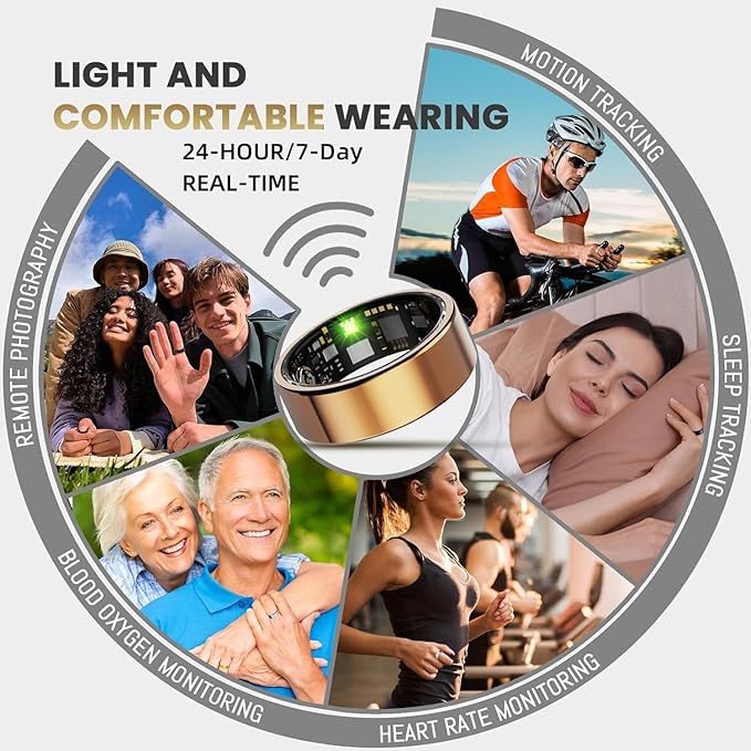 Smart Ring For Women Men, Health Tracker with Heart Rate/Blood Oxygen/Blood Pressure/Sleep Monitor/Step Counting, IP68 Waterproof Fitness ring, No App Fees for iPhone & Android (Rose Gold, 8#)