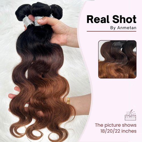 ANMETAN T1B/2/30 Chestnut Brown 3 Tone Ombre Color Human Hair 3 Bundles Thick Bundle Wavy Keep Soft after Washes 10/12/14 Inch