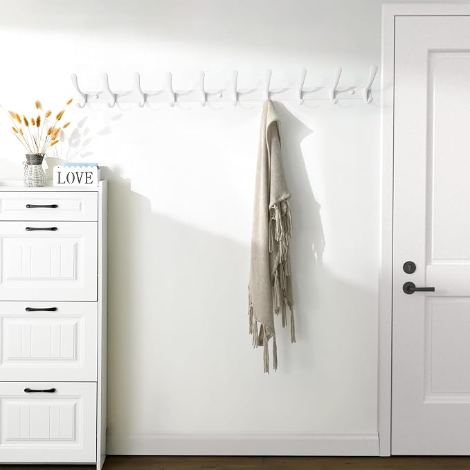 SKOLOO Wall Mounted Coat Rack - 10 Hooks, Heavy Duty, Stainless Steel, Metal Wall Hangers, Sturdy Coat Hooks for Hanging Coats, Jacket, Clothes, Hat, White