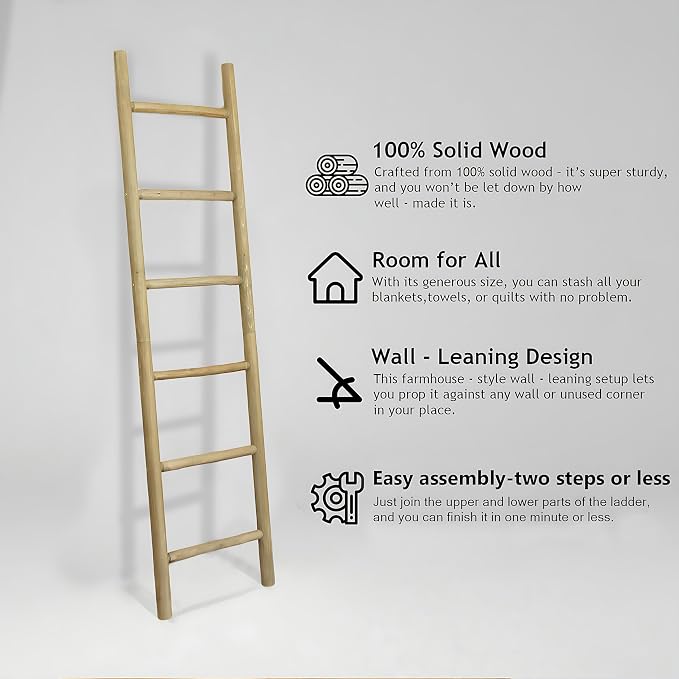 Wooden Blanket Ladder - 76in Natural & Motley Wood - Leaning Wall Decor for Bedroom, Bathroom, Living Room - Rustic Quilt Holder & Towel Rack (Natural Wood Color, 76in | Pre Assembled)