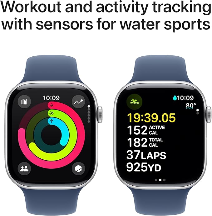 Apple Watch Series 10 [GPS 46mm case] Smartwatch with Silver Aluminum Case with Denim Sport Band - M/L. Fitness Tracker, ECG App, Always-On Retina Display, Water Resistant