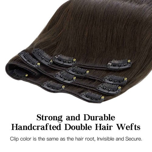 HOTBANANA Human Hair Clip in Hair Extensions, 2 Dark Brown 120g Clip in Hair Extensions Real Human Hair Straight Remy Hair Clip in Hair Extensions 24 Inch 7pcs
