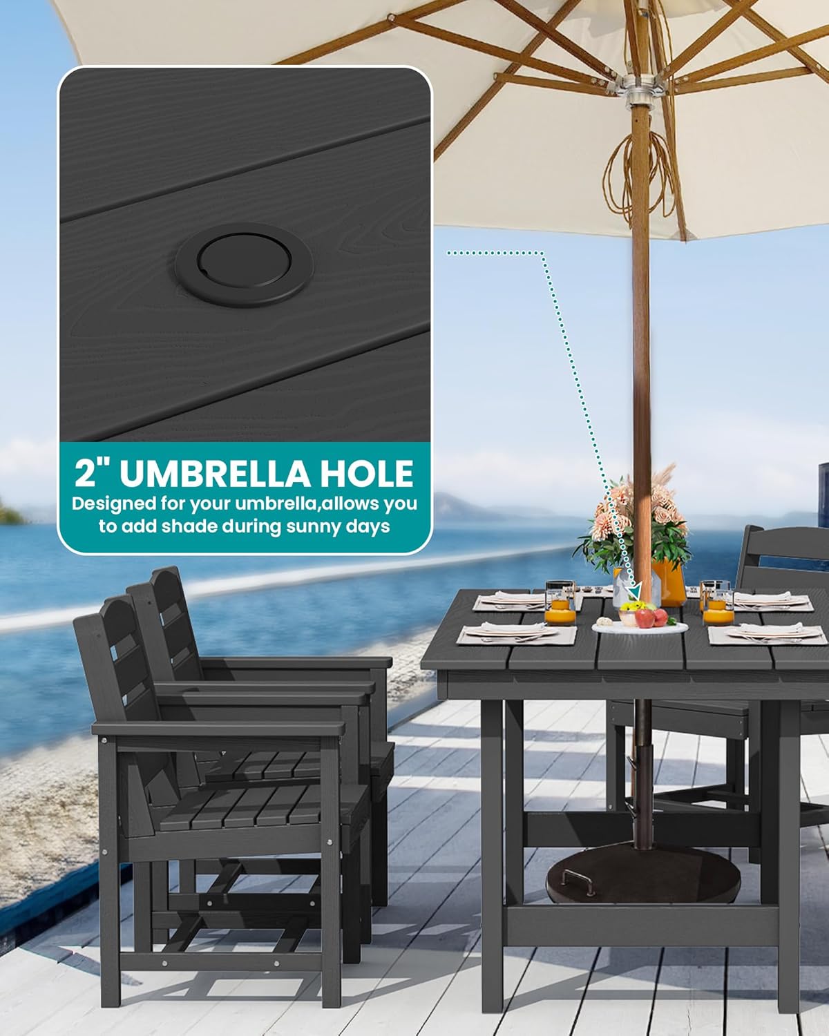 SERWALL Patio Dining Table and Bench Set for 6, Black