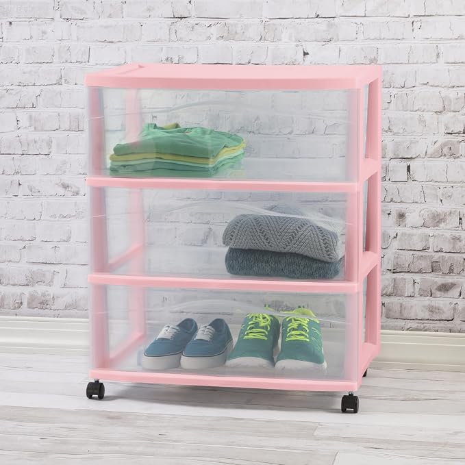 Sterilite 2 Pack Wide 3 Drawer Storage Cart, Rolling Organization, Pink | Clear Plastic Organizer Drawers with Wheels for Craft Supplies, Bath Essentials, or Home Accessories