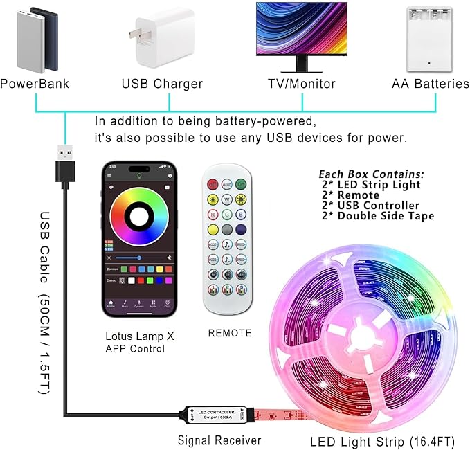 L8star 16.4ft Battery Powered Led Strip,6m Battery Operated Color Changing Lights Music Sync App Remote Control RGB USB Led Lights for TV, Party, Room Decoration (16.4FT)