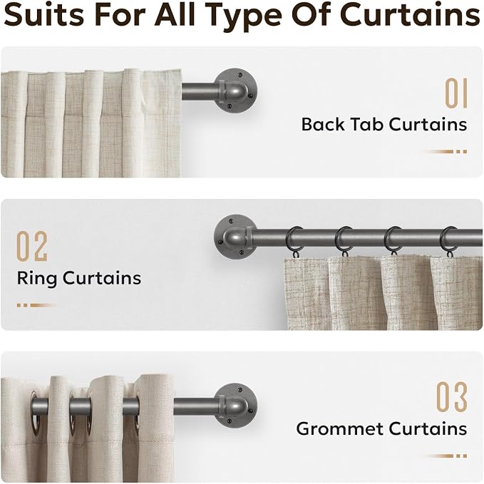 Zeerobee Curtain Rods for Windows 32 to 72, 1 Inch Industrial Wrap Around Grey Curtain Rod, Indoor/Outdoor Room Divider Adjustable Drapery Pole, 32"-72"