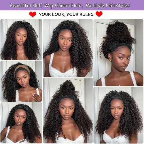 Half Wig Human Hair 210 Density Kinky Curly Half Wig for Black Women 3 In 1 Seamless Flip Over Human Hair Half Wig Glueless Wear and Go Beginner Friendly Drawstring Headband Wig Human Hair 14 inch
